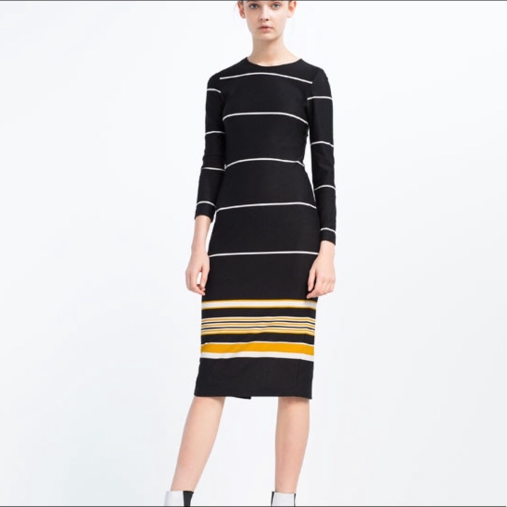 Zara Stripped Midi Dress Black and Mustard